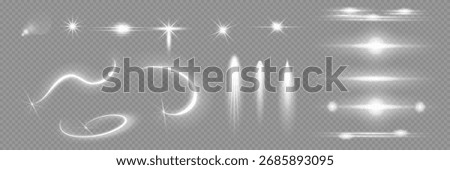 Various light effects on a transparent background. They have the form of symmetrical rays, reminiscent of twinkling stars. For decorating dynamic scenes or adding movement.