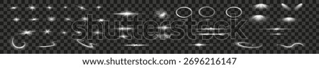 Various light effects on a transparent background. They have the form of symmetrical rays, reminiscent of twinkling stars. For decorating dynamic scenes or adding movement.