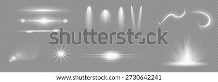 Various light effects on a transparent background. They have the form of symmetrical rays, reminiscent of twinkling stars. For decorating dynamic scenes or adding movement.