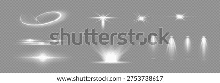Various light effects on a transparent background. They have the form of symmetrical rays, reminiscent of twinkling stars. For decorating dynamic scenes or adding movement.