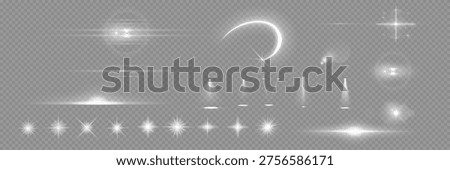 Various light effects on a transparent background. They have the form of symmetrical rays, reminiscent of twinkling stars. For decorating dynamic scenes or adding movement.