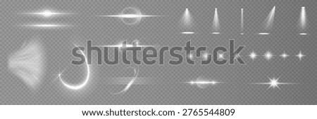 Various light effects on a transparent background. They have the form of symmetrical rays, reminiscent of twinkling stars. For decorating dynamic scenes or adding movement.