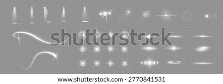 Various light effects on a transparent background. They have the form of symmetrical rays, reminiscent of twinkling stars. For decorating dynamic scenes or adding movement.