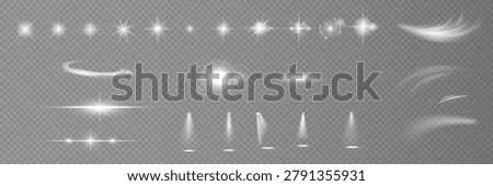 Various light effects on a transparent background. They have the form of symmetrical rays, reminiscent of twinkling stars. For decorating dynamic scenes or adding movement.