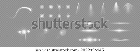 Various light effects on a transparent background. They have the form of symmetrical rays, reminiscent of twinkling stars. For decorating dynamic scenes or adding movement.