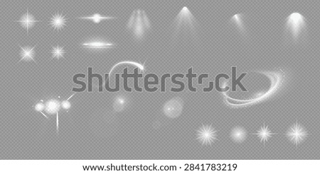 Various light effects on a transparent background. They have the form of symmetrical rays, reminiscent of twinkling stars. For decorating dynamic scenes or adding movement.