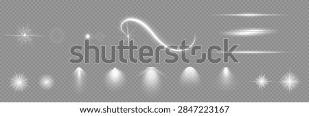 Various light effects on a transparent background. They have the form of symmetrical rays, reminiscent of twinkling stars. For decorating dynamic scenes or adding movement.