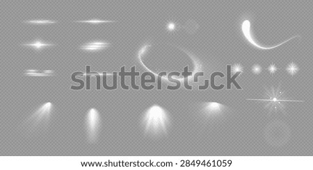 Various light effects on a transparent background. They have the form of symmetrical rays, reminiscent of twinkling stars. For decorating dynamic scenes or adding movement.