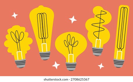Various Lightbulbs Doodle Style, New Idea and Innovation Brainstorming Session