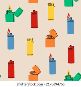 Various Lighters. Metal and plastic cigarette lighters. With and without fire or flame. Side view. Colorful smoking equipment. Hand drawn Vector illustration. Square seamless Pattern, background