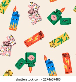 Various Lighters. Metal and plastic cigarette lighters. With and without fire or flame. Side view. Colorful smoking equipment. Hand drawn Vector illustration. Square seamless Pattern, background