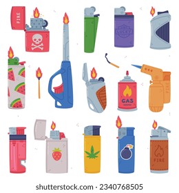 Various Lighters as Portable Device for Igniting Cigarette and Generating Flame Vector Set