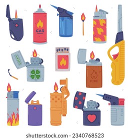 Various Lighters as Portable Device for Igniting Cigarette and Generating Flame Vector Set