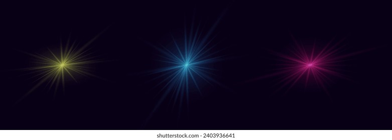 Various lighting effects. Elements of light with glare. On a dark background.