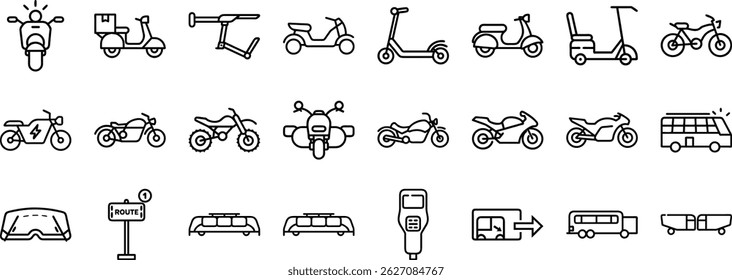 Various line editable icons set of transportation vehicles including scooters motorcycles and buses