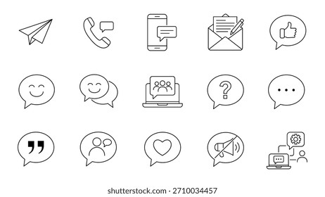 Varios iconos de línea que representan diferentes formas de comunicación digital e interacción del usuario.