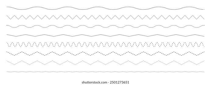 Various Line Patterns Including Dotted, Zigzag, and Wave Designs for Graphic Design