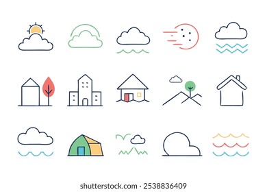 Verschiedene Linienform Wettersymbole, die Sonne, Regen, Schnee und Wolken zeigen, die verschiedene Wetterbedingungen darstellen, Illustration auf weißem Hintergrund