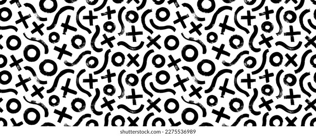 Various lines, circles and crosses seamless pattern. Wavy brush strokes. Geometric vector ornament. Hand drawn modern texture with messy doodles. Chaotic decorative pattern.