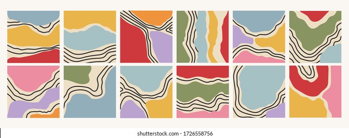 Various lines, curves and shapes. Marble texture effect. Colorful abstract patterns. Backgrounds, wallpapers, templates. Hand drawn Vector illustration. Every pattern is isolated. Perfect for prints