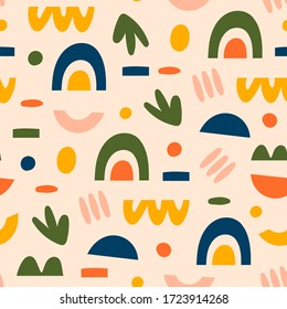 Various lines, dots and shapes. Rainbow shapes, curves, arcs. Colorful abstract Seamless pattern. Background, wallpaper. Hand drawn vector illustration. Pastel colors