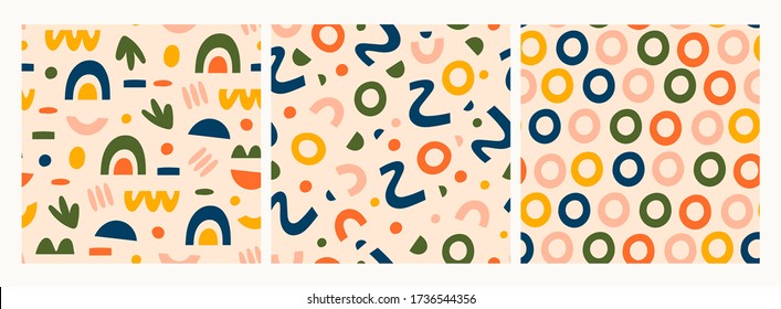 Various lines, dots and shapes. Rainbow shapes, curves, arcs, rings. Set of three Colorful abstract Seamless patternx. Backgrounds, wallpaper. Hand drawn Vector illustration. Pastel colors