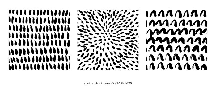 Various lines and shapes background. Set of black and white abstract seamless patterns. Ink drawing style. Contemporary hand drawn modern trendy vector illustrations. Every pattern is isolated