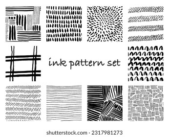 Fondo de varias líneas y formas. Conjunto de diez patrones abstractos de fisuras en blanco y negro. Estilo de dibujo de tinta. Ilustraciones vectoriales contemporáneas de diseño a mano. Cada patrón está aislado