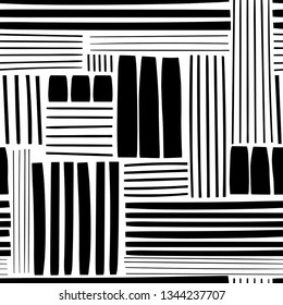 Various lines and shapes. Black and white abstract seamless pattern. Hand drawn vector illustration