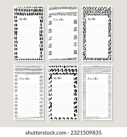 Various lines and shapes to do list template. Set of black and white abstract backgrounds. Ink drawing style. Contemporary hand drawn modern trendy vector illustrations isolated on background