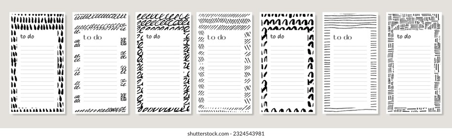 Various lines and shapes to do list template. Set of black and white abstract backgrounds. Ink drawing style. Contemporary hand drawn modern trendy vector illustrations isolated on background
