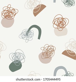 Various lines and shapes. Rainbow shapes, arcs. Abstract seamless pattern. Hand drawn vector illustrations.