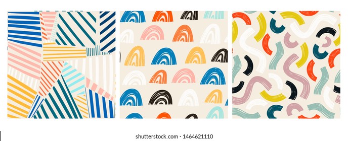 Various lines and shapes. Rainbow shapes, curves, arcs. Set of three colorful abstract seamless patterns. Hand drawn vector illustrations. Every pattern is isolated