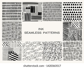 Various lines and shapes. Set of ten black and white abstract seamless patterns. Ink drawing style. Contemporary hand drawn modern trendy vector illustrations. Every pattern is isolated