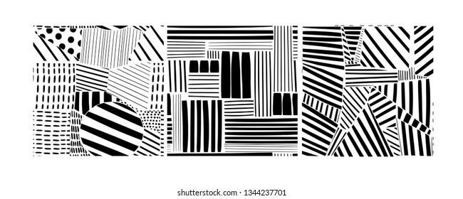 Various lines and shapes. Set of three black and white abstract seamless patterns. Hand drawn vector illustration. Every pattern is isolated