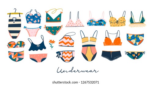 Various lingerie and swimsuits. Hand drawn big colored vector set. All elements are isolated