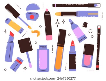 Various lipstick set. Collection of stickers  lip color, balm, gloss, cosmetics. Vector flat illustration.