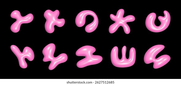 Various liquid smooth shapes in vibrant pink with a reflective plastic surface are arranged together, showcasing a modern and artistic design against a contrasting dark backdrop.