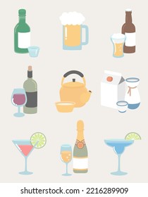 Various liquor bottles and glasses illustration flat icon set