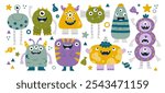 Various little cute colorful monsters with positive smiling emotion set. Childish characters kawaii fantastic alien creatures with colored body, quirky eyes, pickly fang teeth set vector illustration