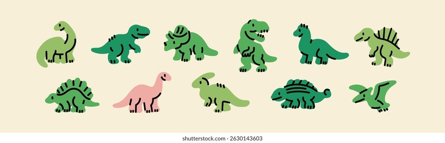 Various little Dinosaur set. Cute dino characters. Hand drawn Vector illustration. Print, poster, nursery, kids apparel, baby party invitation, card, child clothes design template. Isolated elements