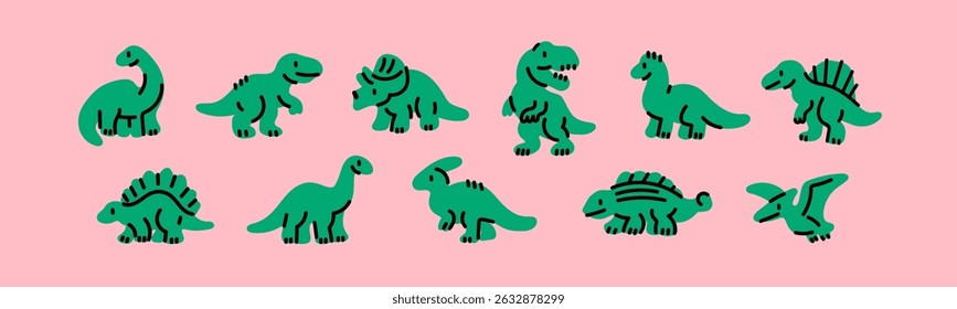 Various little Dinosaur set. Cute dino characters. Hand drawn Vector illustration. Print, poster, nursery, kids apparel, baby party invitation, card, child clothes design template. Isolated elements