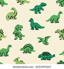Various little Dinosaurs. Cute dino characters. Hand drawn Vector illustration. Print, poster, nursery, kids apparel, baby party invitation, card, child clothes design template. Seamless Pattern