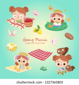 various of a little girl activities on a picnic day, with some butterflies and cute food to eat and play