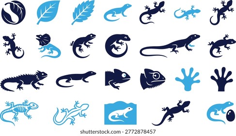 Various lizard species and nature elements leaves skeletons footprints isolated on white background graphic design.