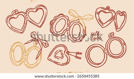 Various lockets set. Heart, round, lacy shapes. Trendy outline style. Locket pendant with ribbon. Hand drawn modern Vector illustration. Isolated design elements. Jewelry, accessories concept