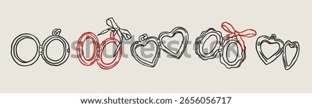 Various lockets set. Heart, round, lacy shapes. Trendy outline style. Locket pendant with ribbon. Hand drawn modern Vector illustration. Isolated design elements. Jewelry, accessories concept