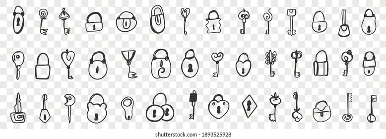 Various locks and keys doodle set