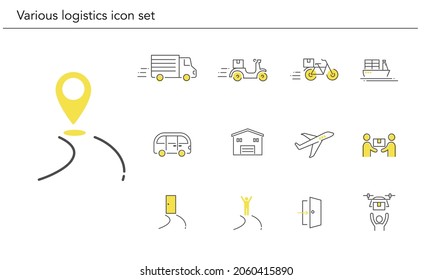 Various logistics icon set,yellow and black color,vector illustration