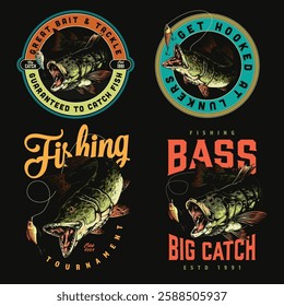 Various logo designs for a fishing tournament include images of bass fish with slogans emphasizing great bait and tackle promoting excitement for fishing enthusiasts.